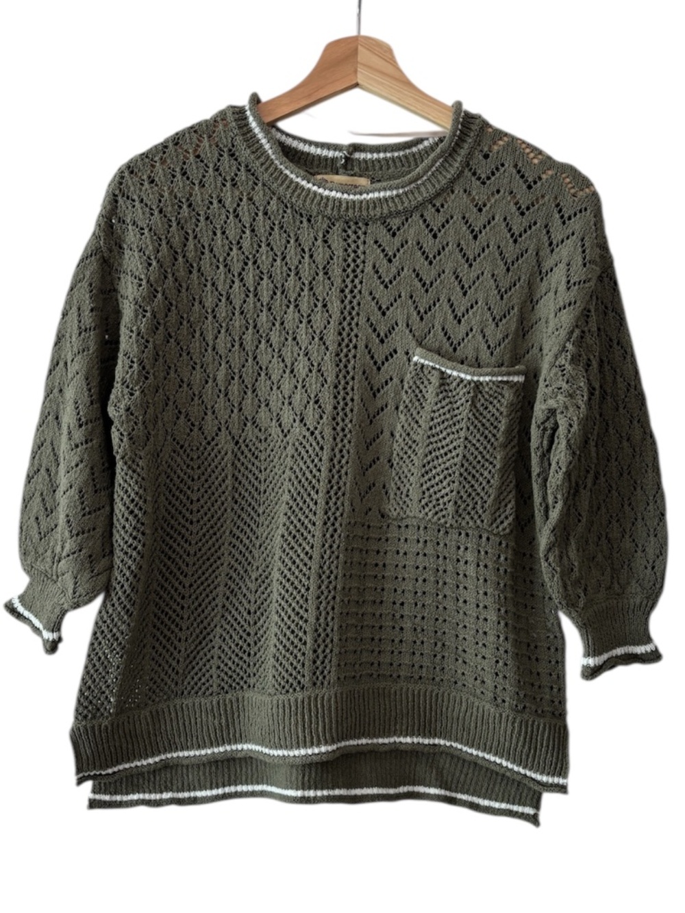 Democracy Pointelle Tipped Sweater - Olive Green Size S - Picture 2 of 11